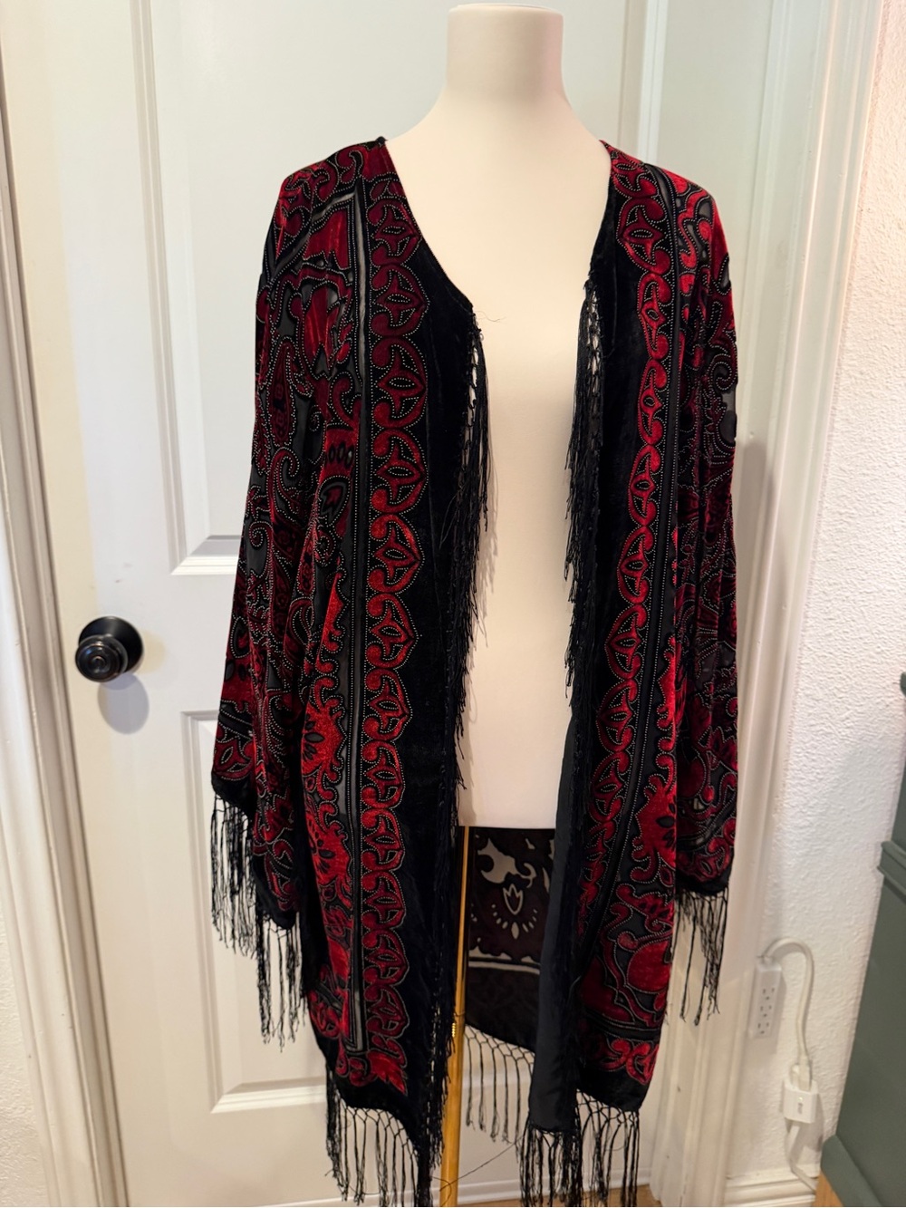 Red and Black Velvet Fringe Kimono Cardigan
